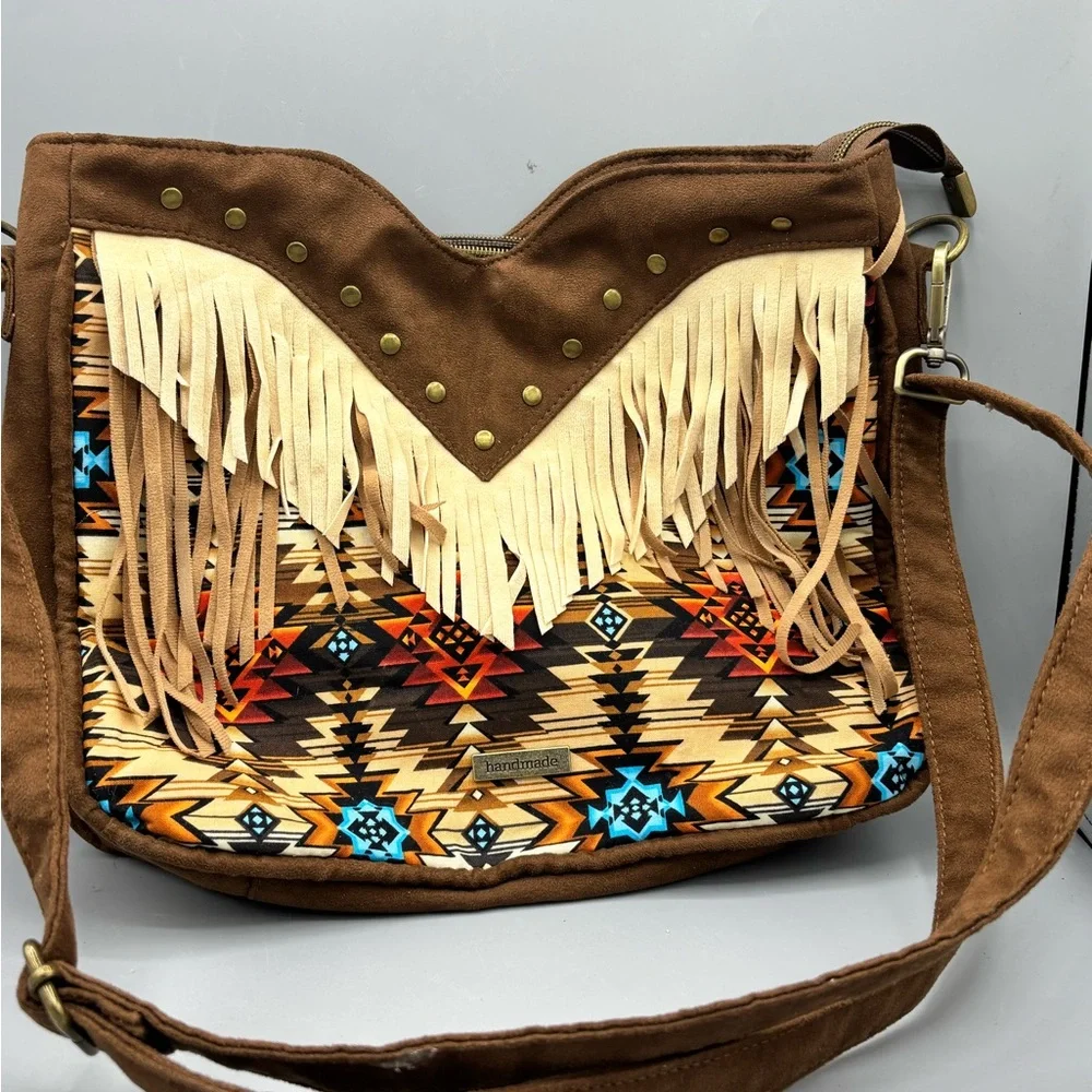 Hand Crafted Brown Crossbody Bag with Fringe and Tribal Design - Picture 5 of 5